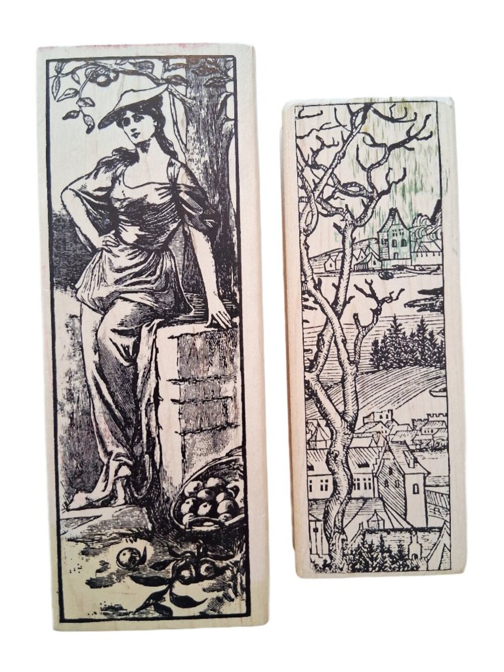 2 x NEW Magenta Rubber Stamps Vintage Lady in Orchard & European Village Scene
